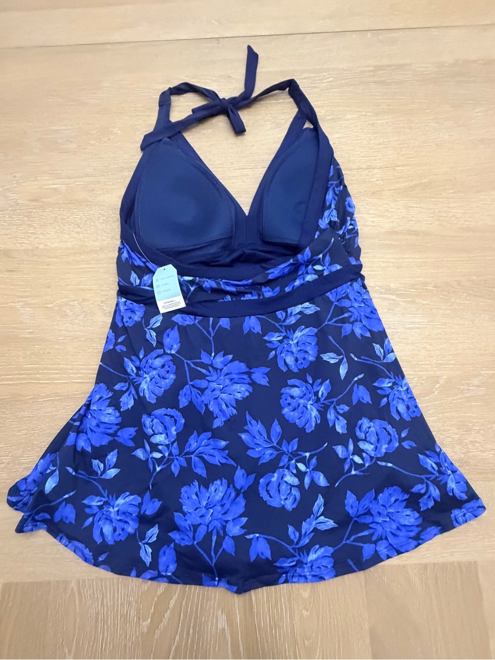 Blue Floral Halter Swimdress with Flared Skirt - Picture 9 of 11